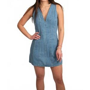 NEW IN THE BEGINNING v-neck open back mini dress in medium denim